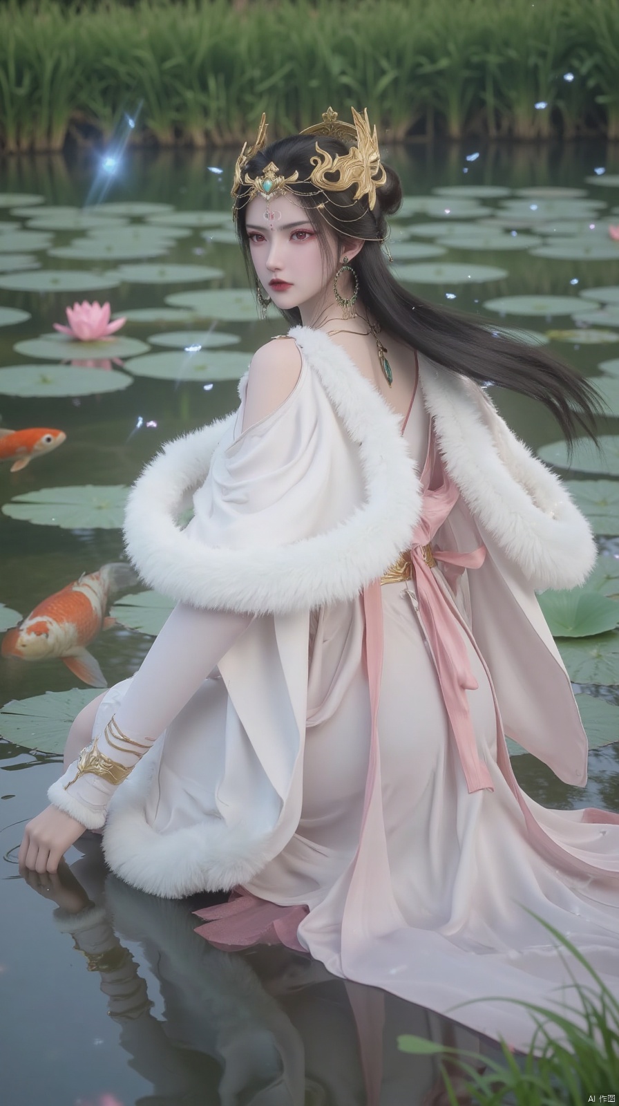 masterpiece,best quality,high quality,loli,1girl, koi, long hair, solo, hair ornament, fish, black hair, sitting, dress, double bun, chinese clothes, hair bun, looking back, long sleeves, hanfu, water, jewelry, pond, lotus, shawl, light particles, ripples, looking at viewer, white dress, necklace, leaf, closed mouth, flower, hagoromo, fireflies, twintails, ribbon, goldfish, grass
