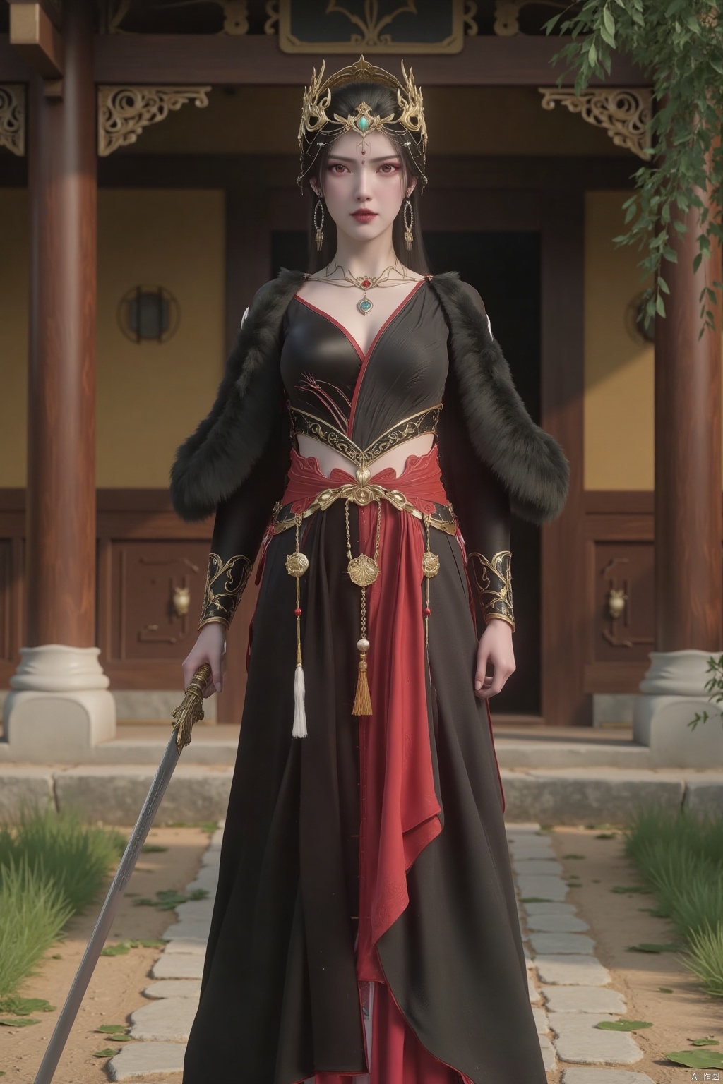 wuxia,Very realistic style,HD photography style,upper body,a twenty-year-old ancient Chinese female warrior wearing a tight black dress with a red satin waist and hairpins. Long sword in hand, sharp eyes, strong posture. The wooden house is in the background, surrounded by scattered green tiles and dappled tree shadows.