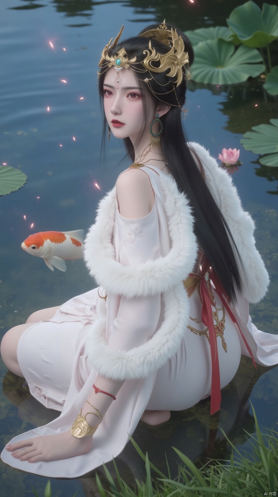 masterpiece,best quality,high quality,loli,1girl, koi, long hair, solo, hair ornament, fish, black hair, sitting, dress, double bun, chinese clothes, hair bun, looking back, long sleeves, hanfu, water, jewelry, pond, lotus, shawl, light particles, ripples, looking at viewer, white dress, necklace, leaf, closed mouth, flower, hagoromo, fireflies, twintails, ribbon, goldfish, grass
