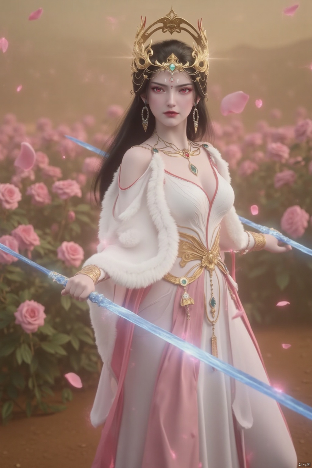 A girl with long hair dancing swords, wearing jeweled earrings, wearing a white dress, red eyes shining, standing in a rose garden, petals flying, high-definition realism