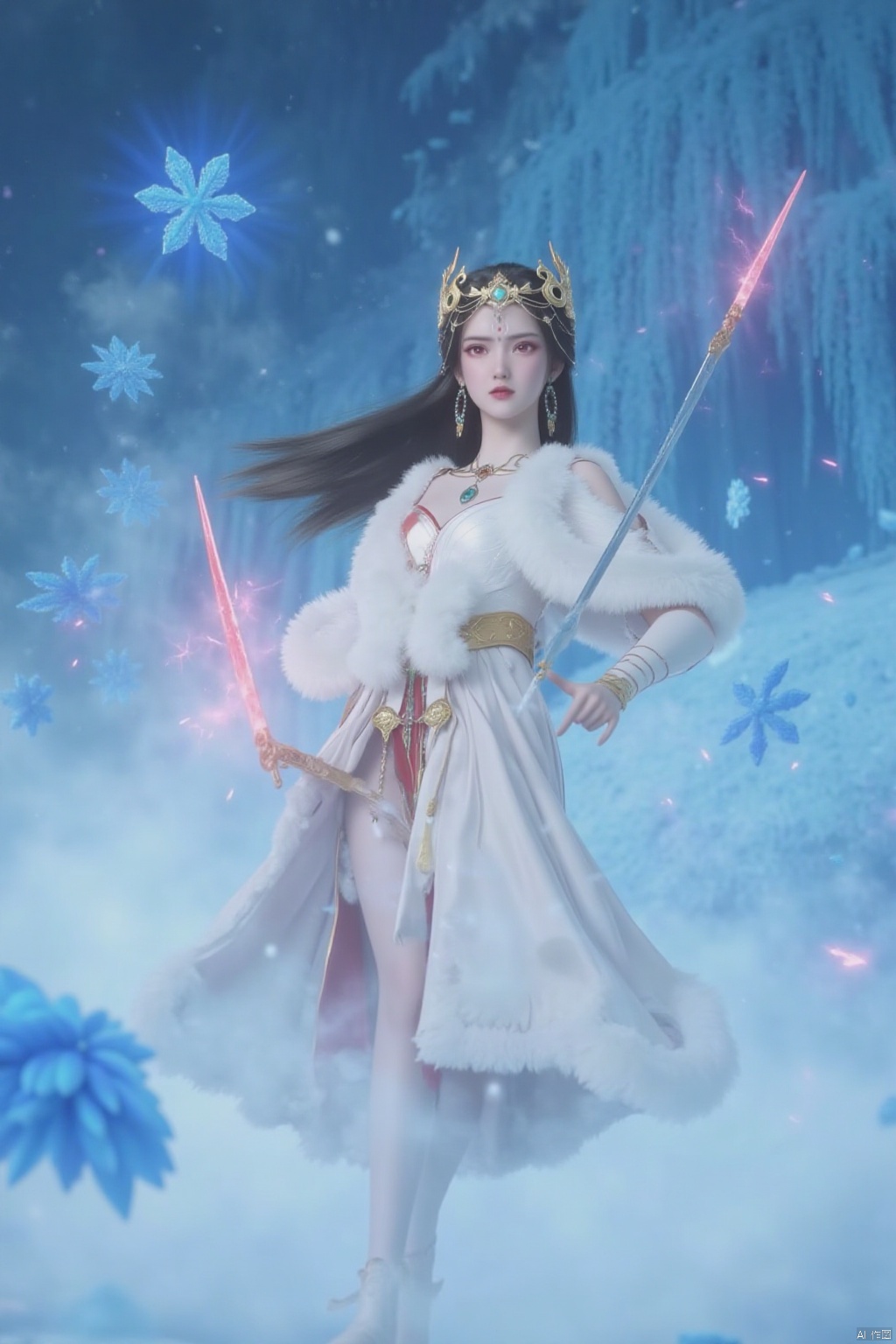 A girl with long hair dances swords, wears jeweled earrings, wears a white dress, red eyes shine, builds snowmen and snowflakes fly