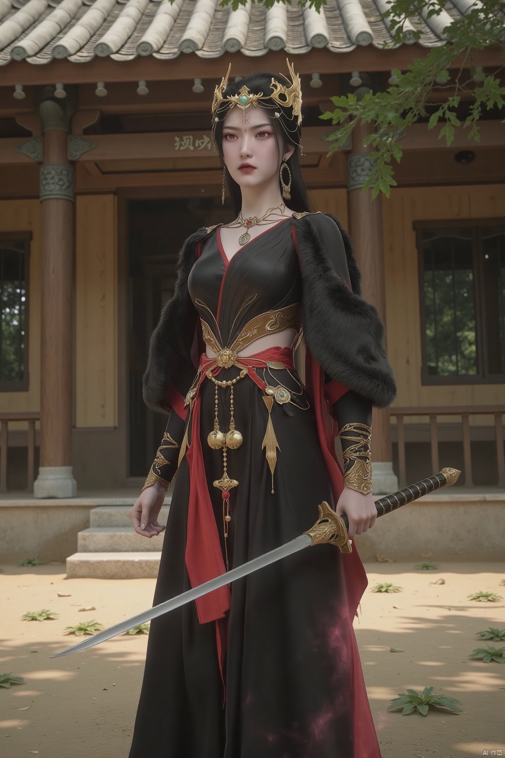 wuxia,Very realistic style,HD photography style,upper body,a twenty-year-old ancient Chinese female warrior wearing a tight black dress with a red satin waist and hairpins. Long sword in hand, sharp eyes, strong posture. The wooden house is in the background, surrounded by scattered green tiles and dappled tree shadows.