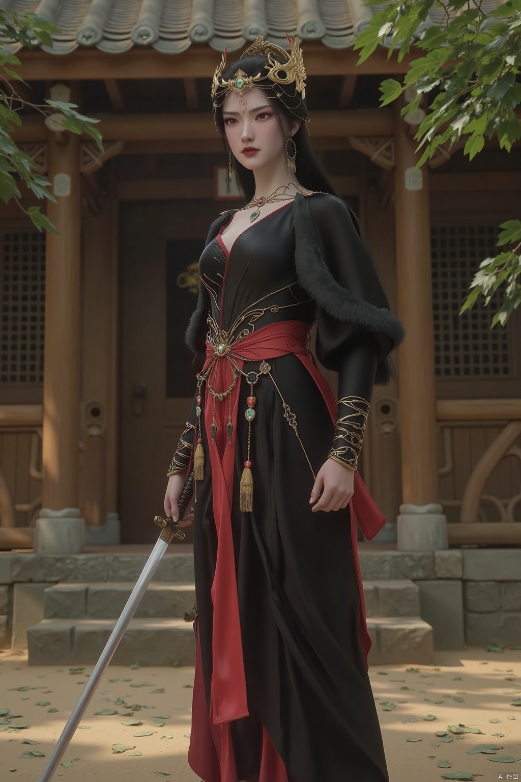 wuxia,Very realistic style,HD photography style,upper body,a twenty-year-old ancient Chinese female warrior wearing a tight black dress with a red satin waist and hairpins. Long sword in hand, sharp eyes, strong posture. The wooden house is in the background, surrounded by scattered green tiles and dappled tree shadows.
