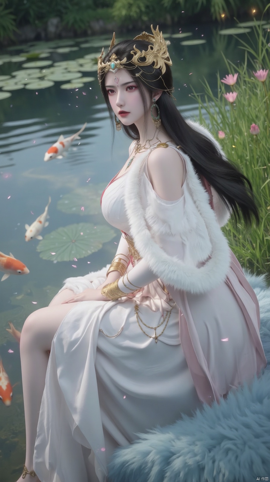 masterpiece,best quality,high quality,loli,1girl, koi, long hair, solo, hair ornament, fish, black hair, sitting, dress, double bun, chinese clothes, hair bun, looking back, long sleeves, hanfu, water, jewelry, pond, lotus, shawl, light particles, ripples, looking at viewer, white dress, necklace, leaf, closed mouth, flower, hagoromo, fireflies, twintails, ribbon, goldfish, grass
