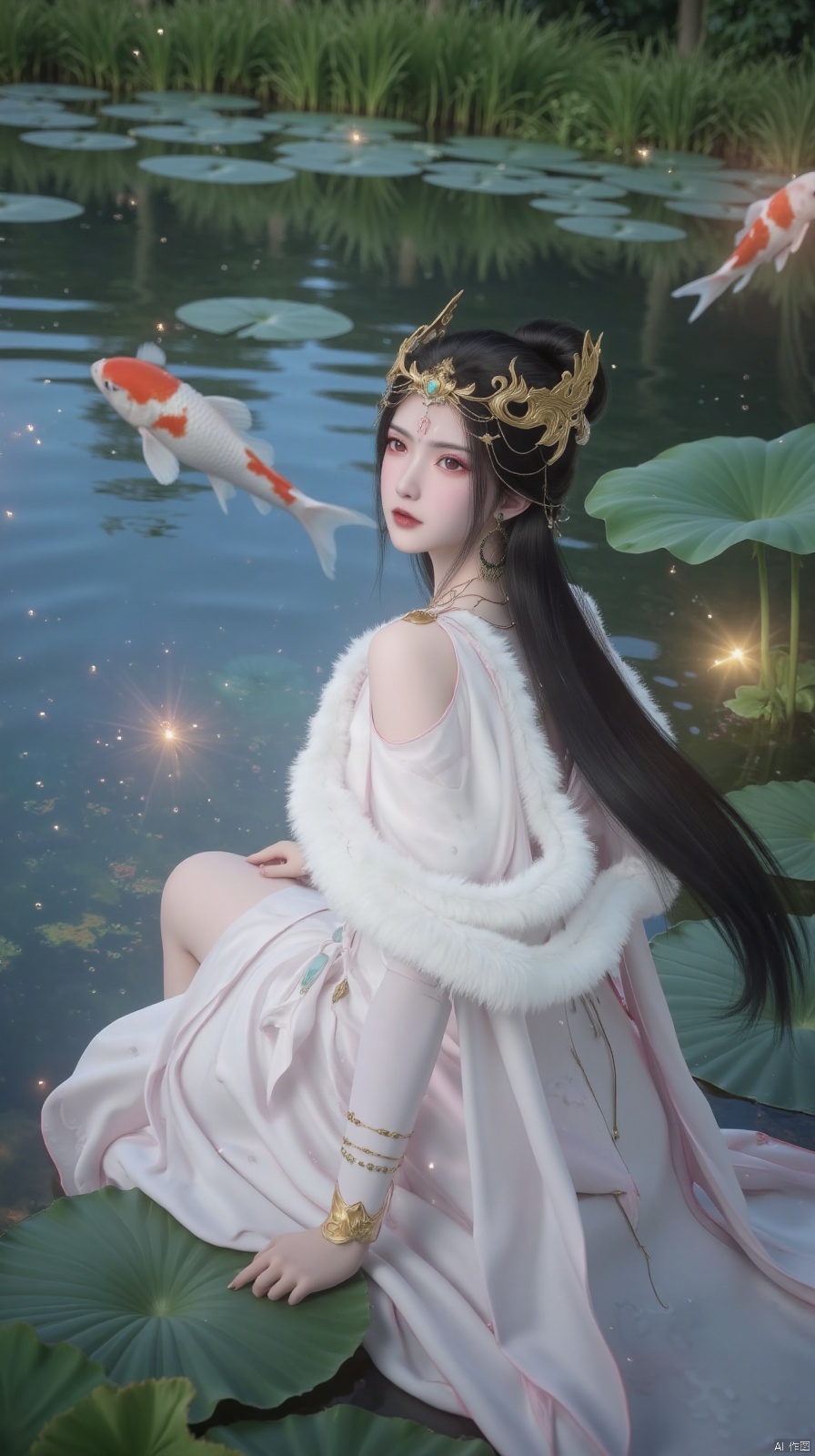 masterpiece,best quality,high quality,loli,1girl, koi, long hair, solo, hair ornament, fish, black hair, sitting, dress, double bun, chinese clothes, hair bun, looking back, long sleeves, hanfu, water, jewelry, pond, lotus, shawl, light particles, ripples, looking at viewer, white dress, necklace, leaf, closed mouth, flower, hagoromo, fireflies, twintails, ribbon, goldfish, grass
