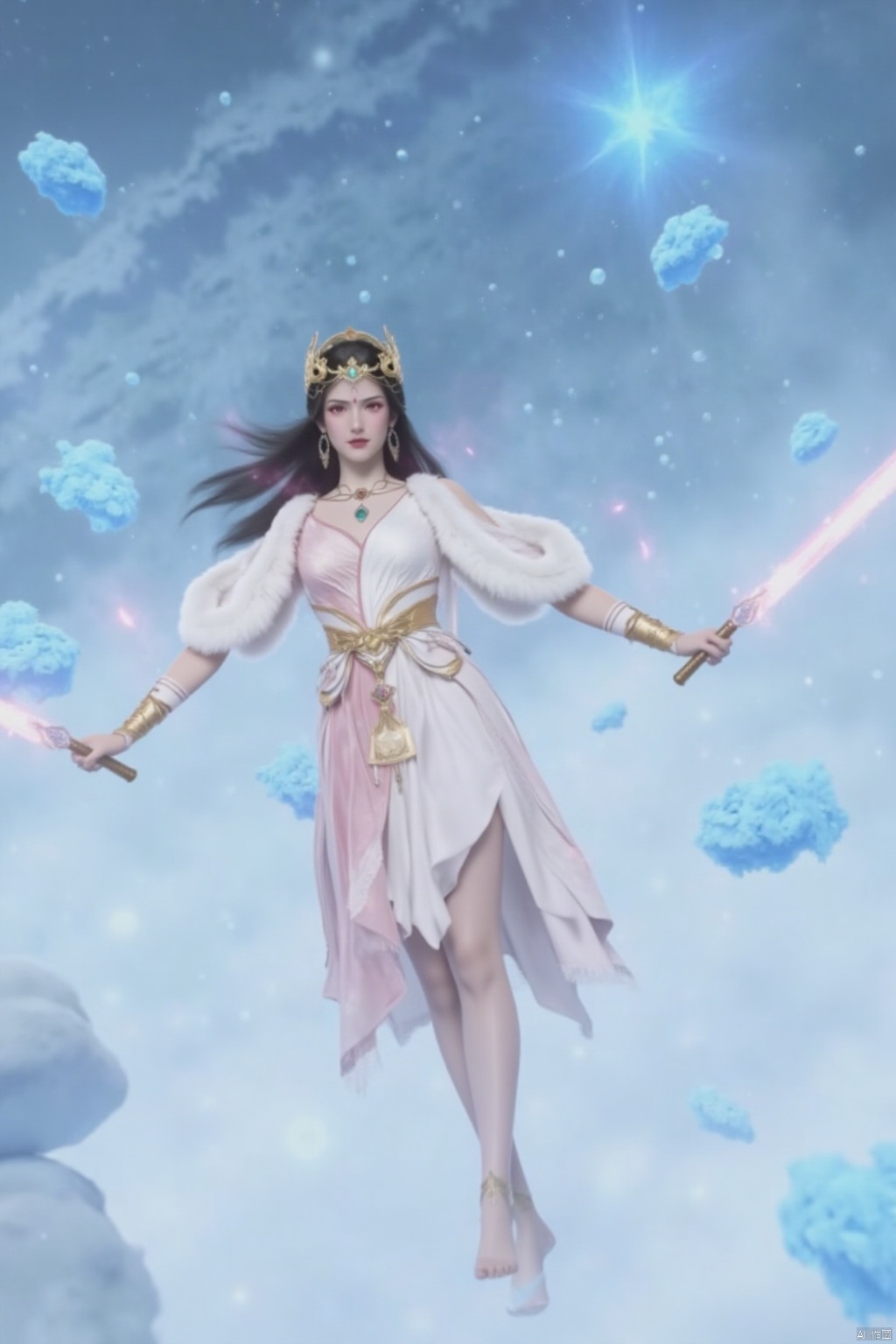 A girl with long hair dances swords, wears jeweled earrings, wears a white dress, red eyes shine, builds snowmen and snowflakes fly