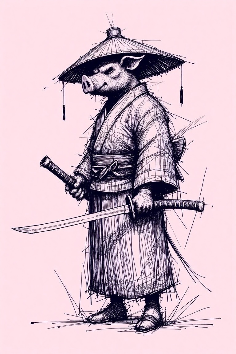 pen_scribbles style,  A pen scribble of a human with a pig's head,  wearing a kimono on Tensor.Art