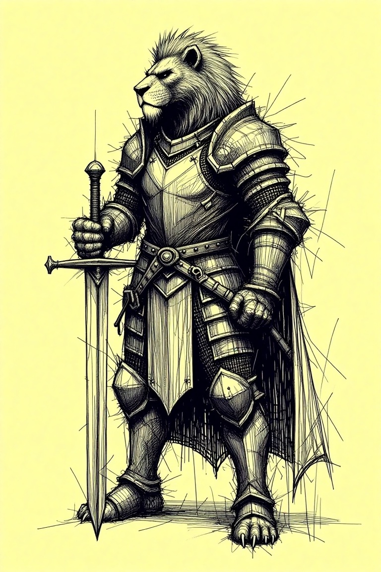 pen_scribbles style,  A pen scribble of a human with a lion's head,  wearing a knight armor holding a greatsword with both...