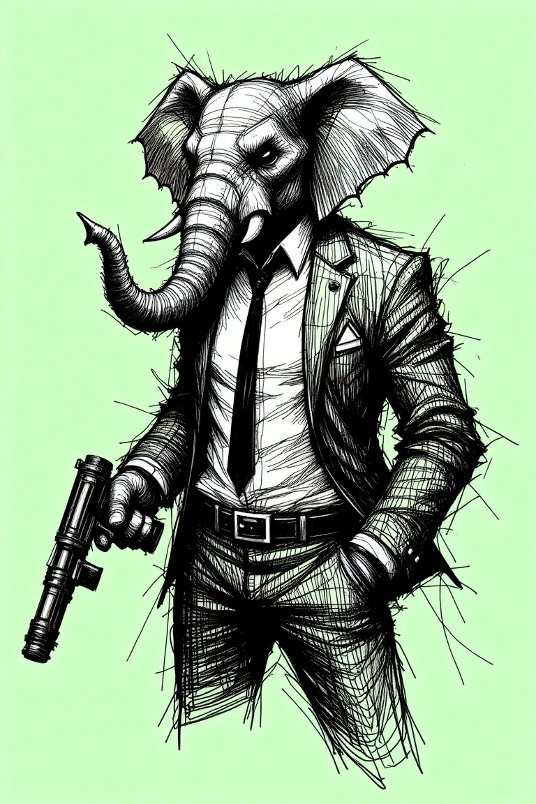 pen_scribbles style,  A pen scribble of a human with a elephant's head,  wearing a white shirt on Tensor.Art