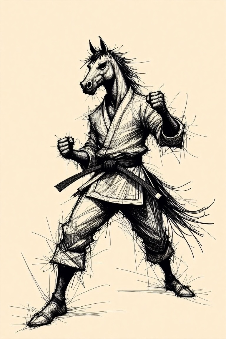 pen_scribbles style,  A pen scribble of a human with a horse's head,  wearing a taekwondo outfit on Tensor.Art