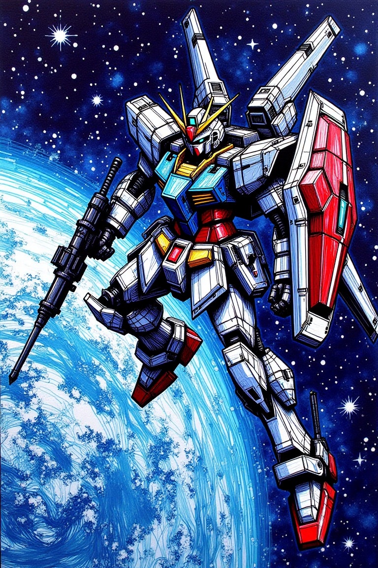 pen_scribbles style,  A pen colored scribble of a gundam fly above the earth planet,  background full of space. on Tensor.Art