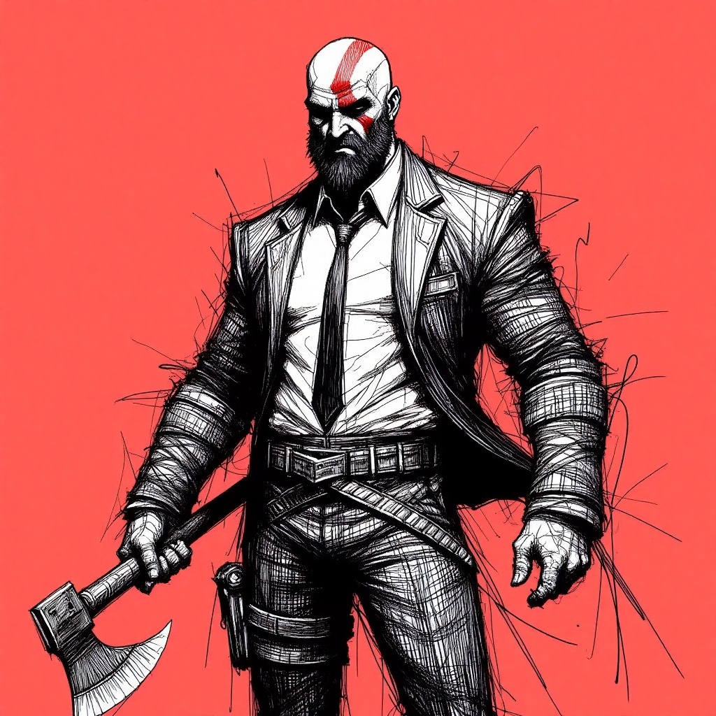 pen_scribbles style,  A pen scribble of a kratos god of war,  wearing a white shirt on Tensor.Art