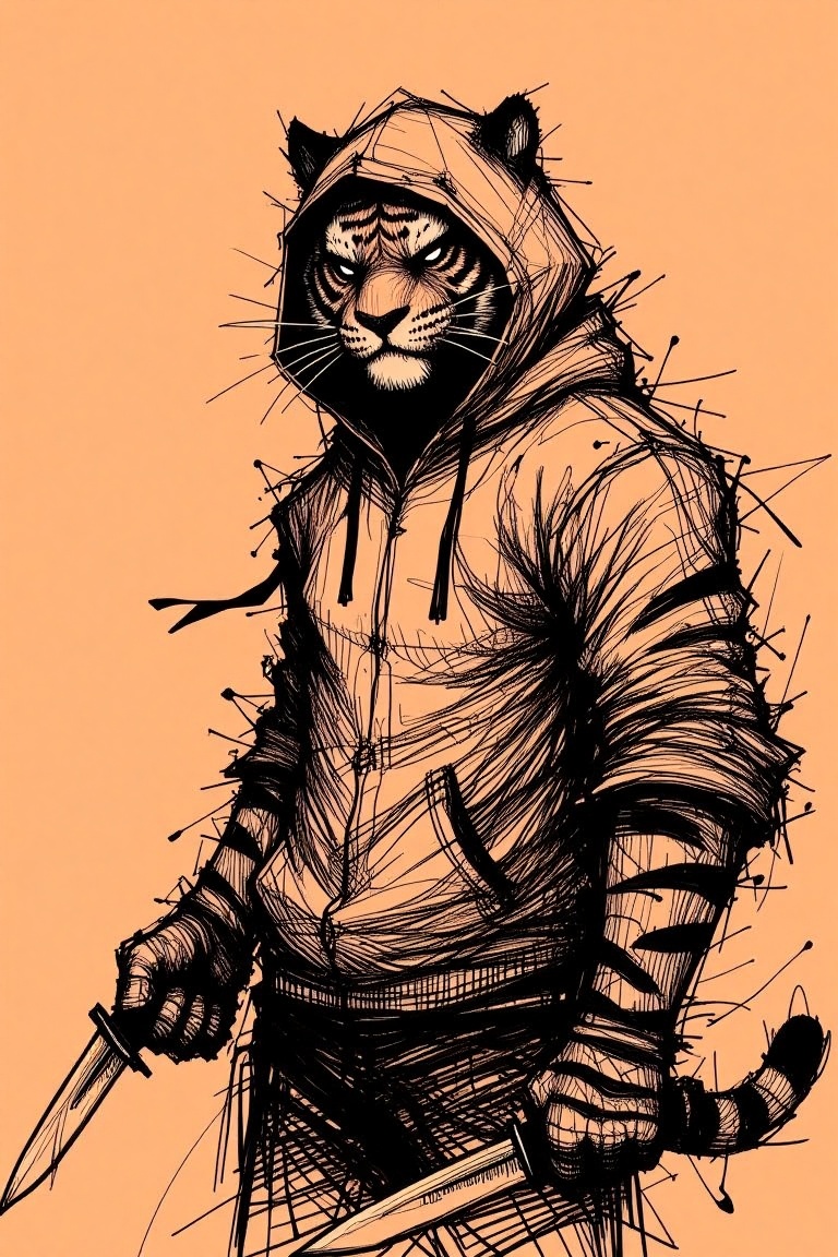 pen_scribbles style,  A pen scribble of a human with a tiger's head,  wearing a hoodie on Tensor.Art