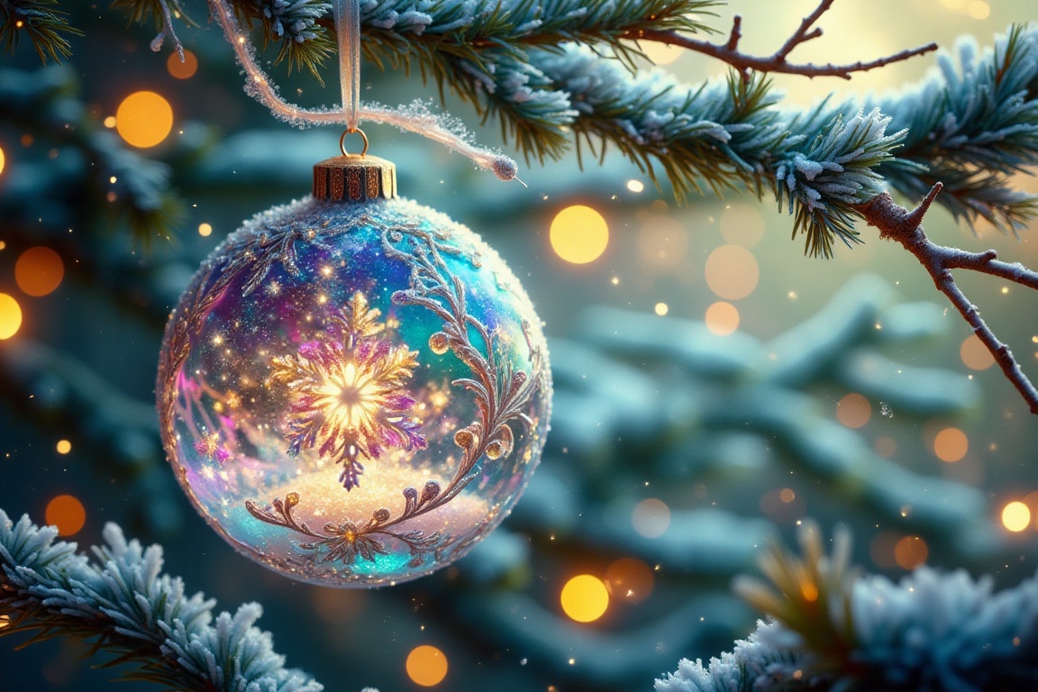 Create an image of a fantasy-themed Christmas ornament,  evoking a sense of magical wonder. This ornament is a shimmering,...