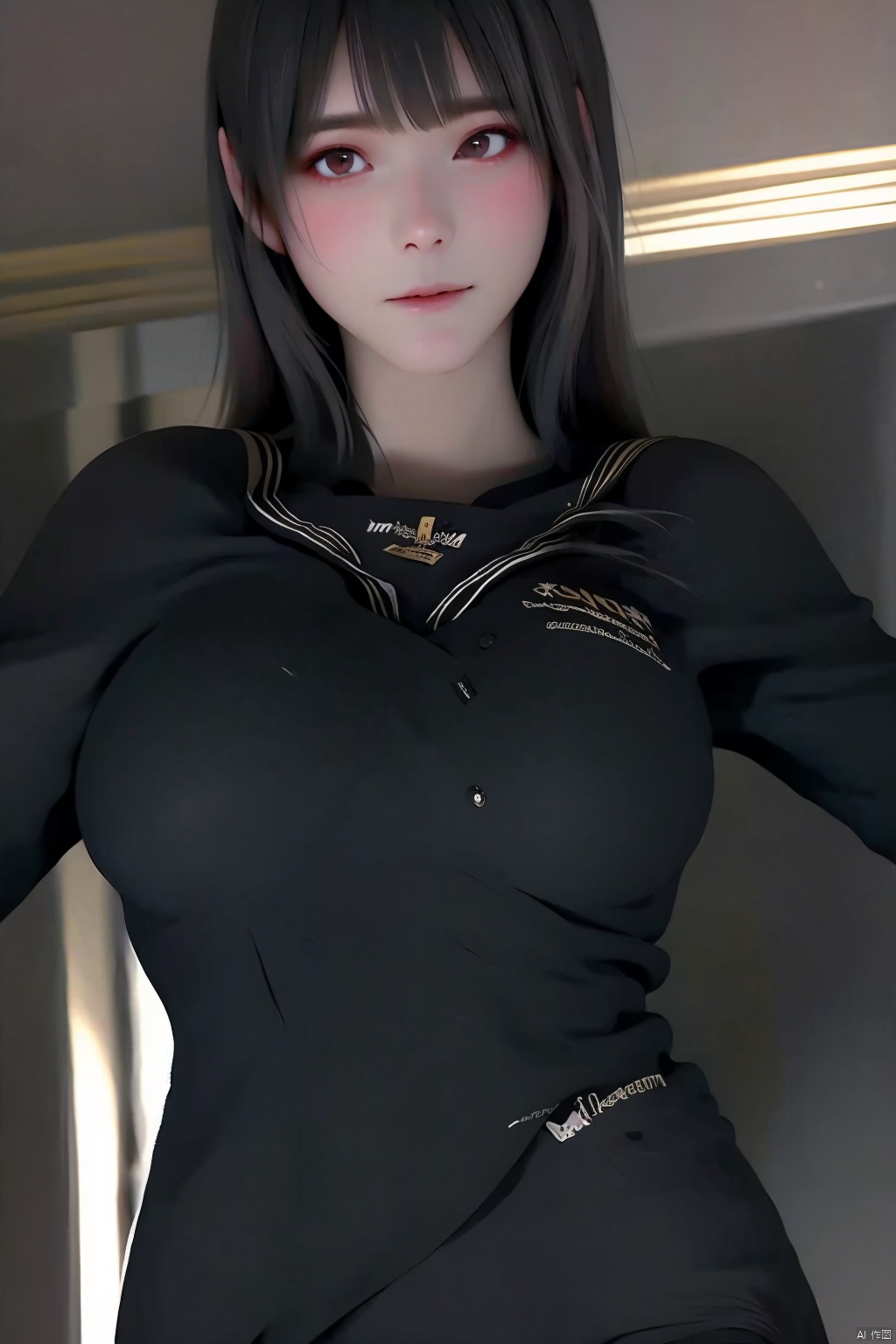 1girl solo long hair smile bangs skirt black hair long sleeves brown eyes jewelry closed mouth school uniform earrings serafuku indoors black skirt sailor collar arms up lips looking to the side black shirt arms behind head realistic