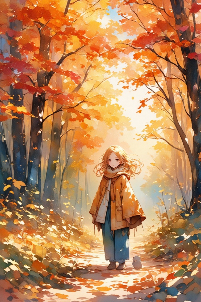 (Visualize a tranquil autumn scene in a dense deciduous forest,  where a young girl wanders amidst a canopy of vibrant fal...