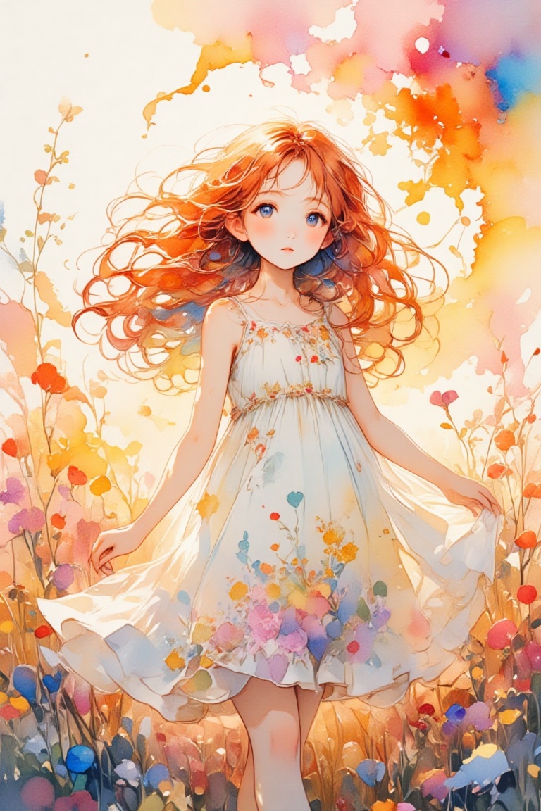 Portray a whimsical character (a young girl with long,  curly red hair,  wearing a flowing white dress adorned with small...