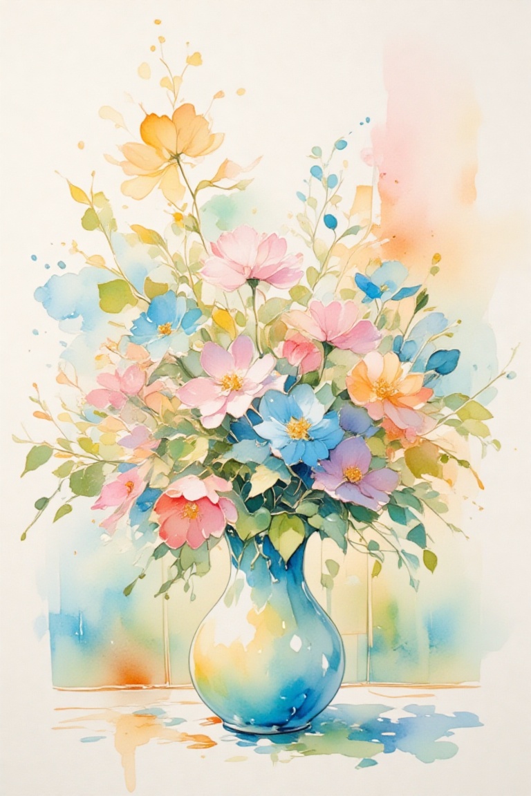 Capture a still life arrangement of delicate flowers in a charming vase in an indoor setting,  exuding warmth and elegance...