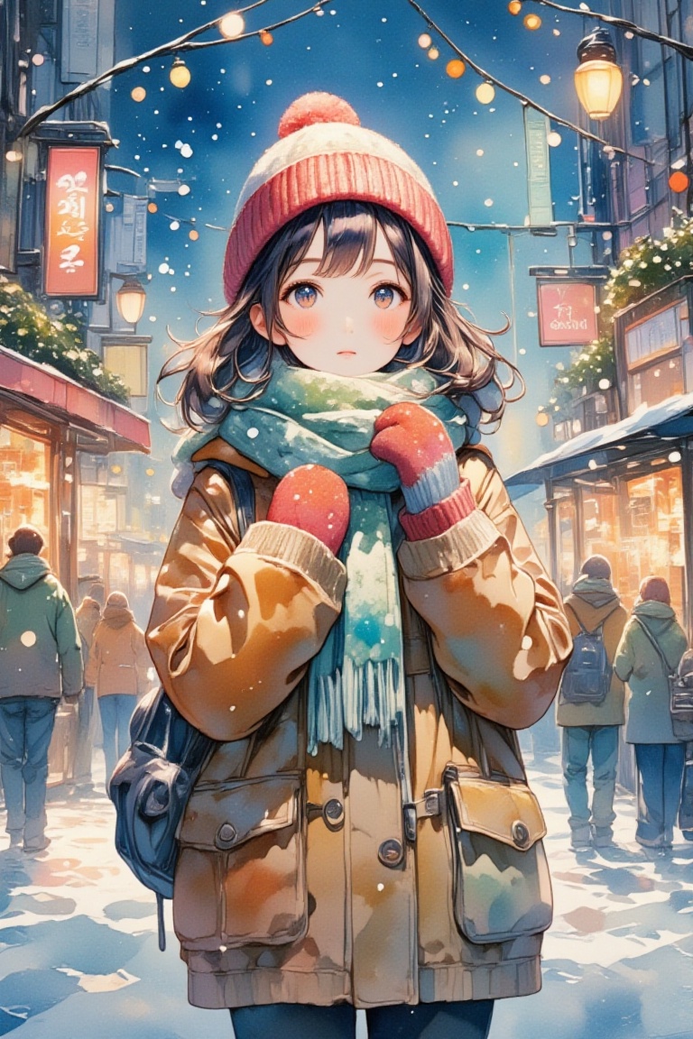 (Envision a cozy winter street scene,  where a young girl stands at the corner,  bundled warmly in a knit scarf and mitten...