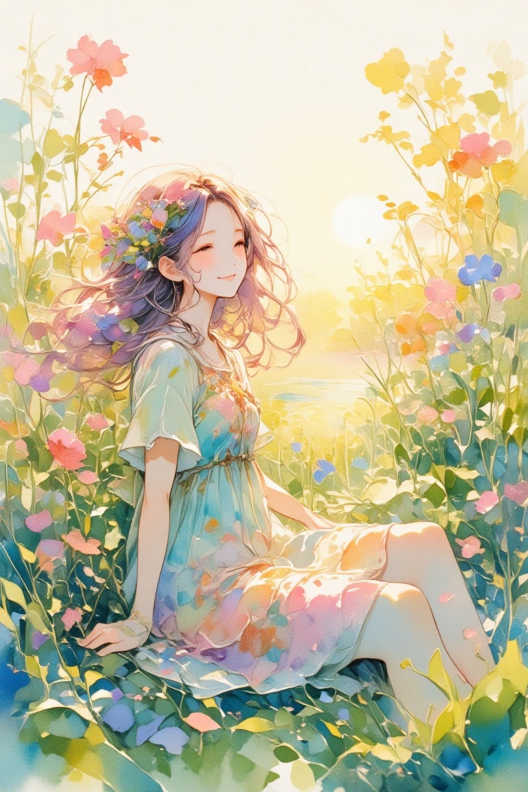 (Imagine a serene spring landscape,  where a young girl is delicately resting amidst a lush field of wildflowers. The girl...