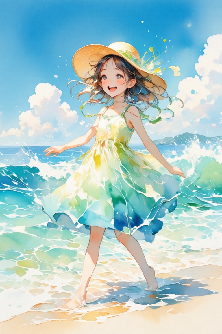 (Picture a bright summer day at the seaside,  with a young girl playing on the sandy shore. Her carefree laughter fills th...