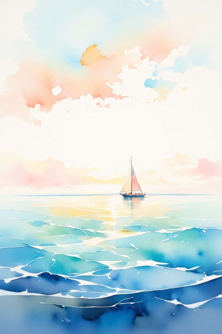 Design a calming seascape depicting a solitary sailboat drifting across a vast,  open sea under an expansive sky. Capture...