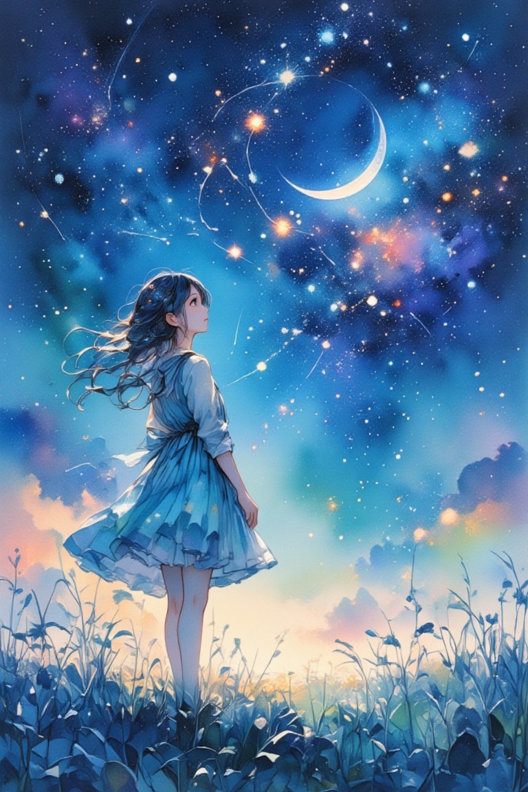 (Visualize a mystical nighttime scene under a vast,  star-filled sky,  where a young girl stands in awe at the astronomica...