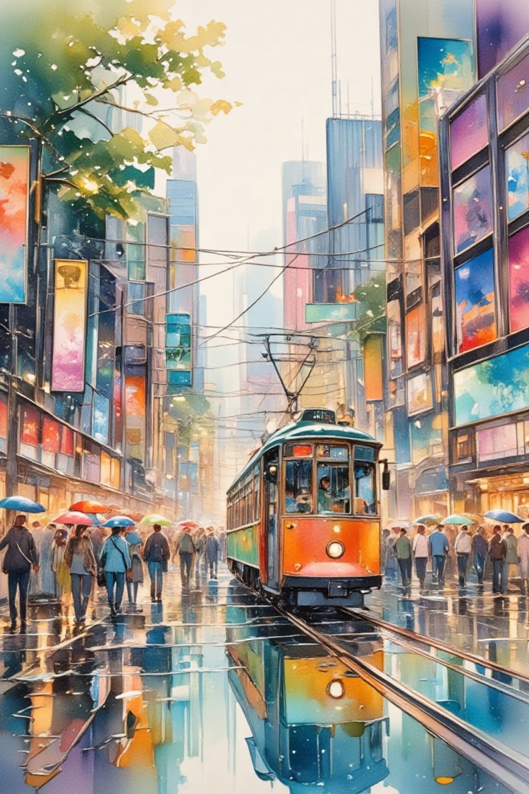 Illustrate an urban landscape during a gentle rain,  capturing the reflections and lights of a bustling cityscape. The wat...