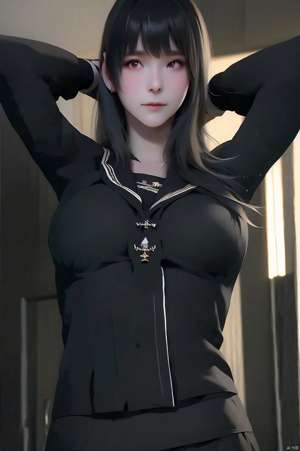 1girl solo long hair smile bangs skirt black hair long sleeves brown eyes jewelry closed mouth school uniform earrings serafuku indoors black skirt sailor collar arms up lips looking to the side black shirt arms behind head realistic huge breasts large breasts
