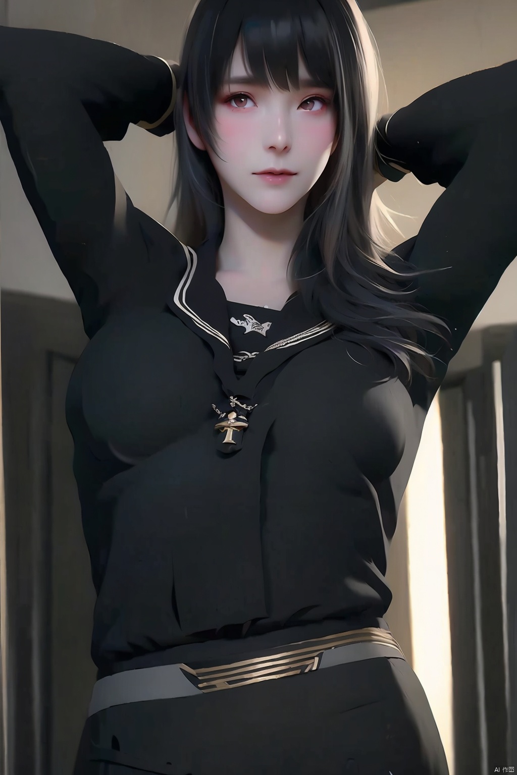 1girl solo long hair smile bangs skirt black hair long sleeves brown eyes jewelry closed mouth school uniform earrings serafuku indoors black skirt sailor collar arms up lips looking to the side black shirt arms behind head realistic huge breasts large breasts
