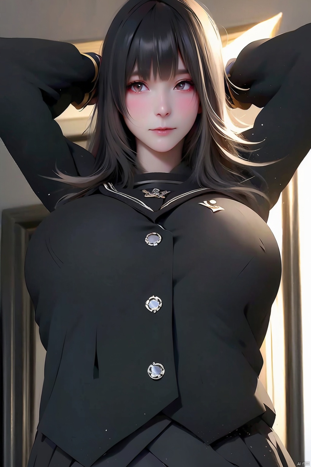 1girl solo long hair smile bangs skirt black hair long sleeves brown eyes jewelry closed mouth school uniform earrings serafuku indoors black skirt sailor collar arms up lips looking to the side black shirt arms behind head realistic huge breasts large breasts
