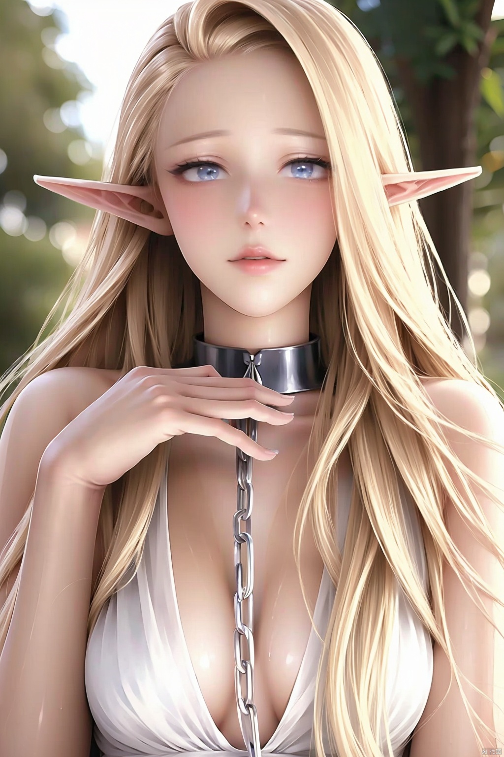 1girl solo long hair breasts looking at viewer blue eyes blonde hair dress upper body pointy ears white dress collar lips chain elf leash 