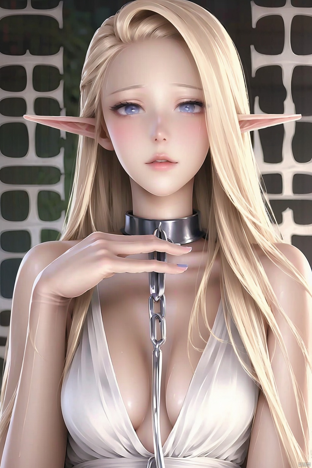 1girl solo long hair breasts looking at viewer blue eyes blonde hair dress upper body pointy ears white dress collar lips chain elf leash 