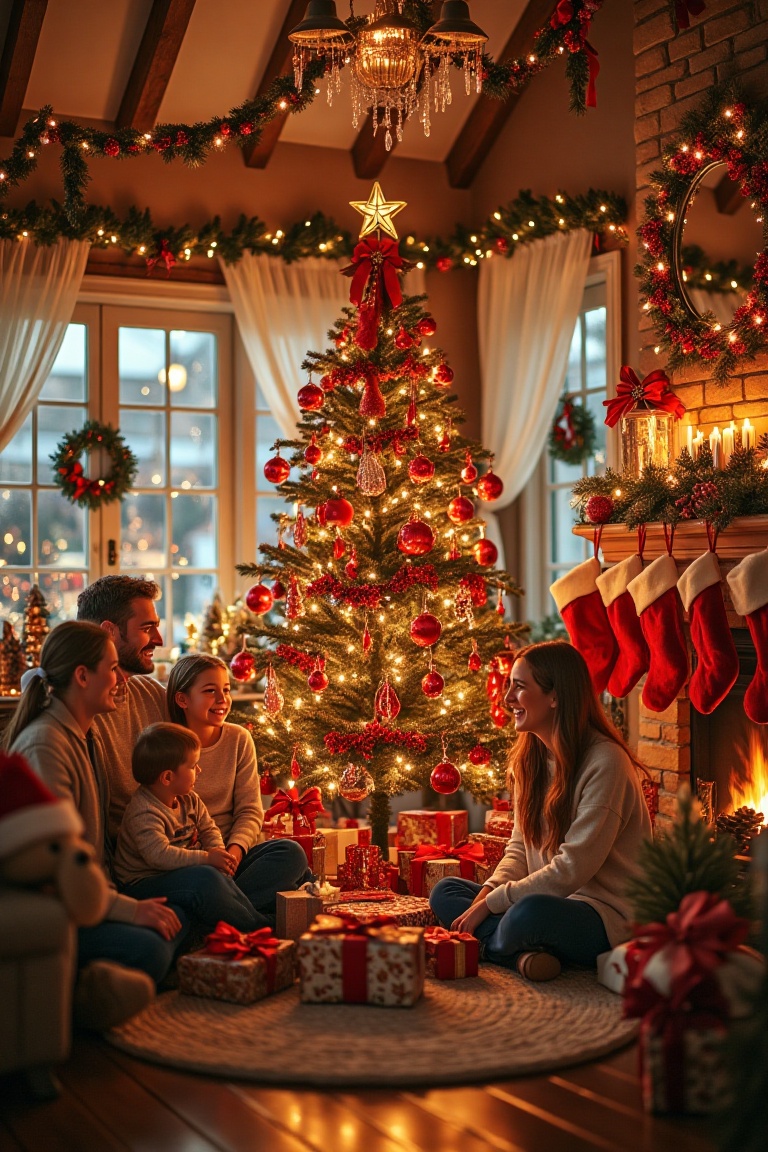 A cozy living hall filled with Christmas decorations,  a beautifully adorned Christmas tree in the center,  surrounded by...