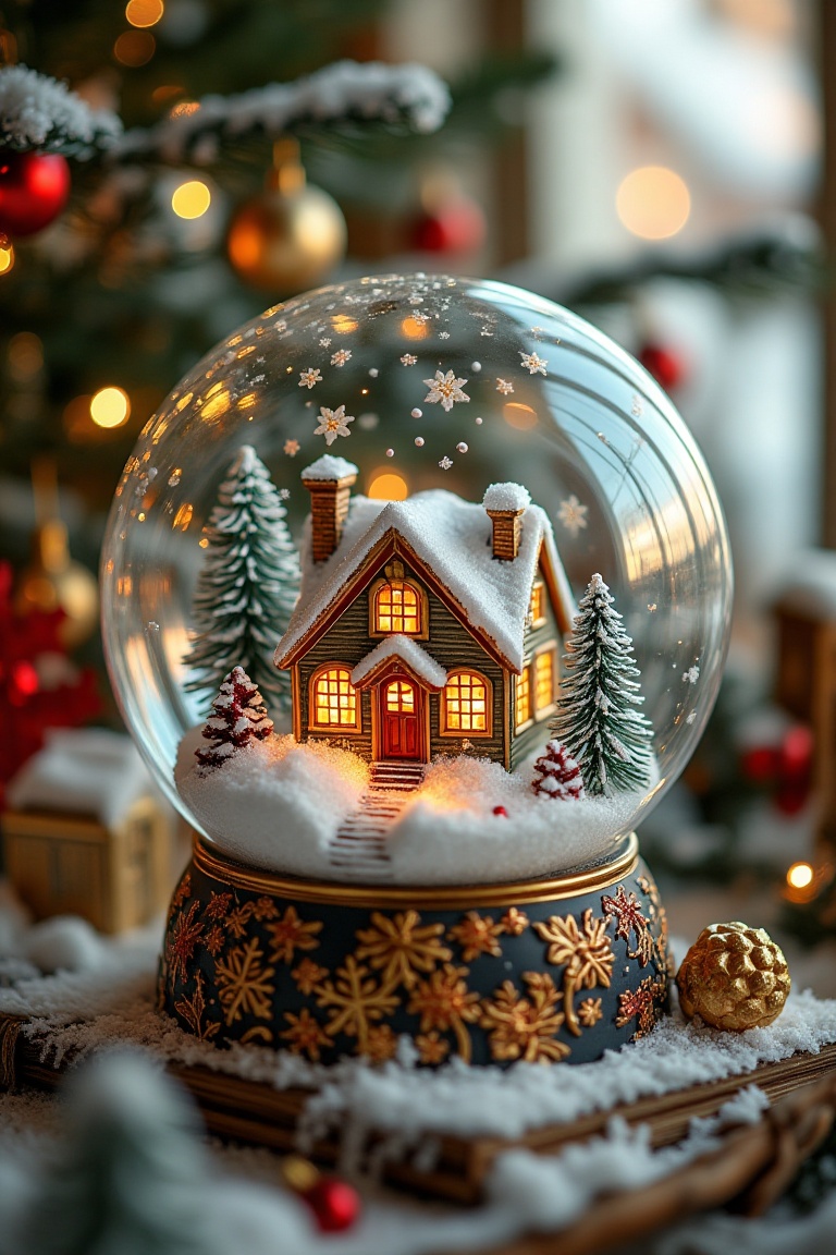 A detailed Christmas snow globe,  capturing a miniature village house with snow inside. The scene is framed from a slightl...