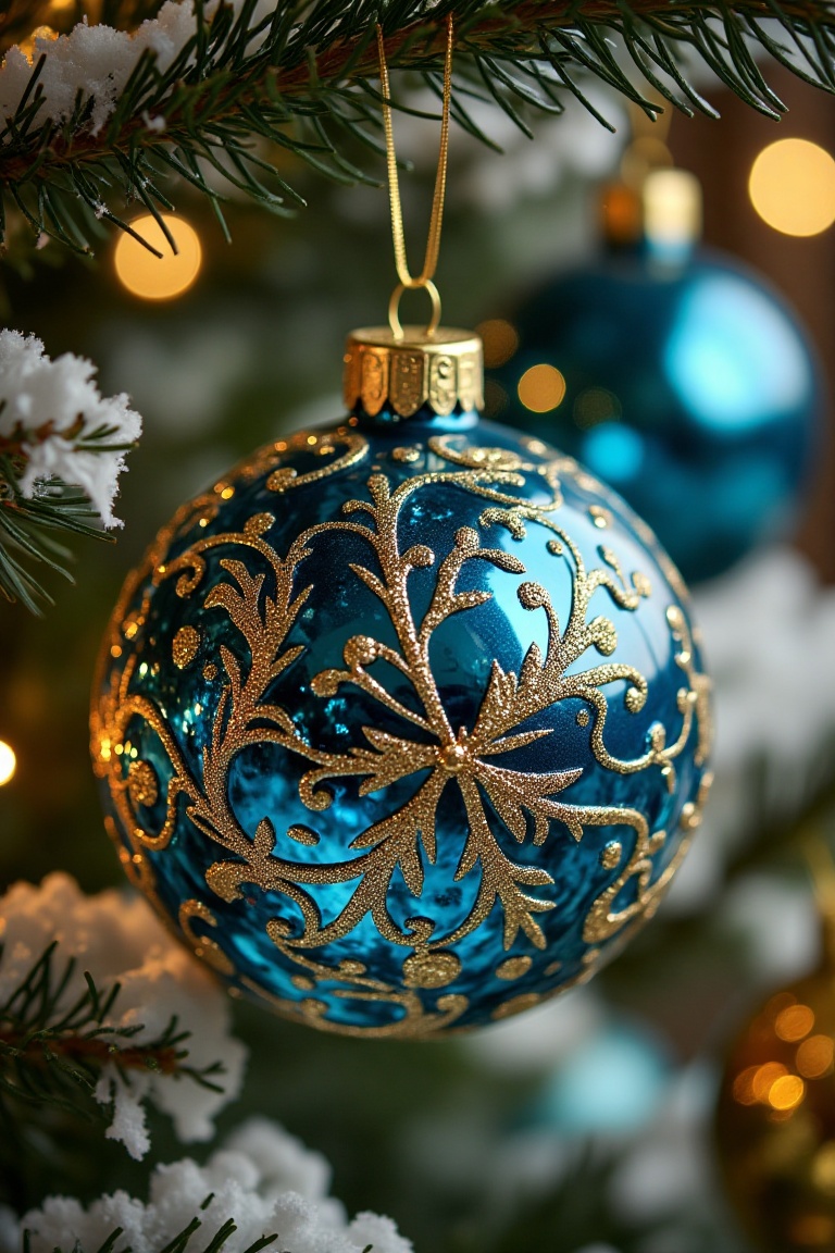 A vibrant Christmas ball,  adorned with gold and blue glitters,  hanging from a tree branch. The scene is framed close-up...
