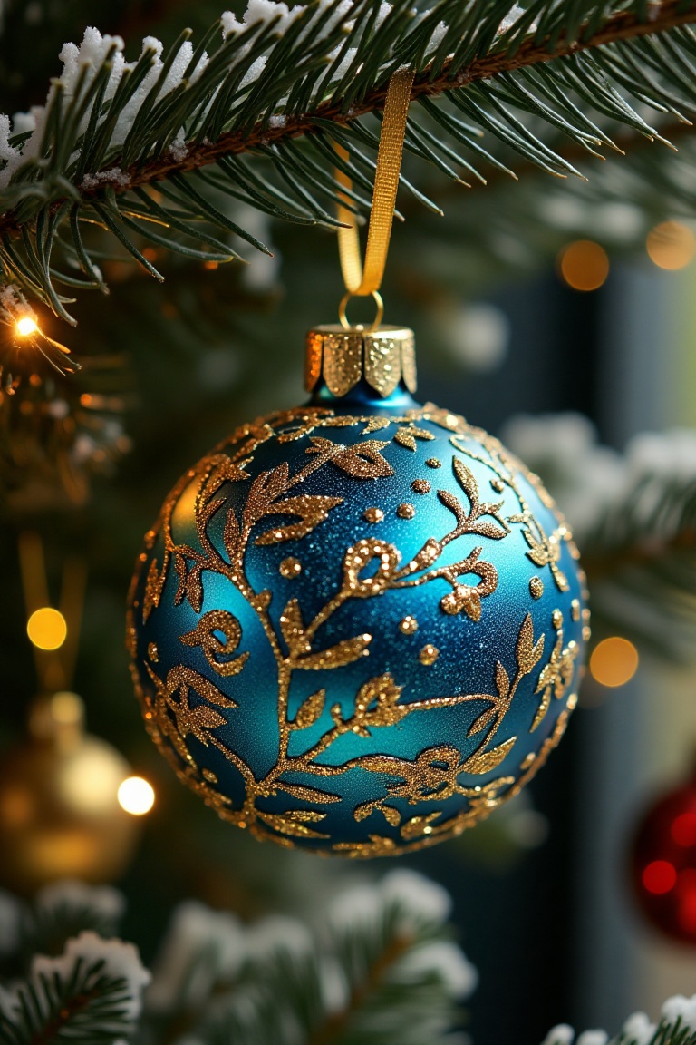 A vibrant Christmas ball,  adorned with gold and blue glitters,  hanging from a tree branch. The scene is framed close-up...