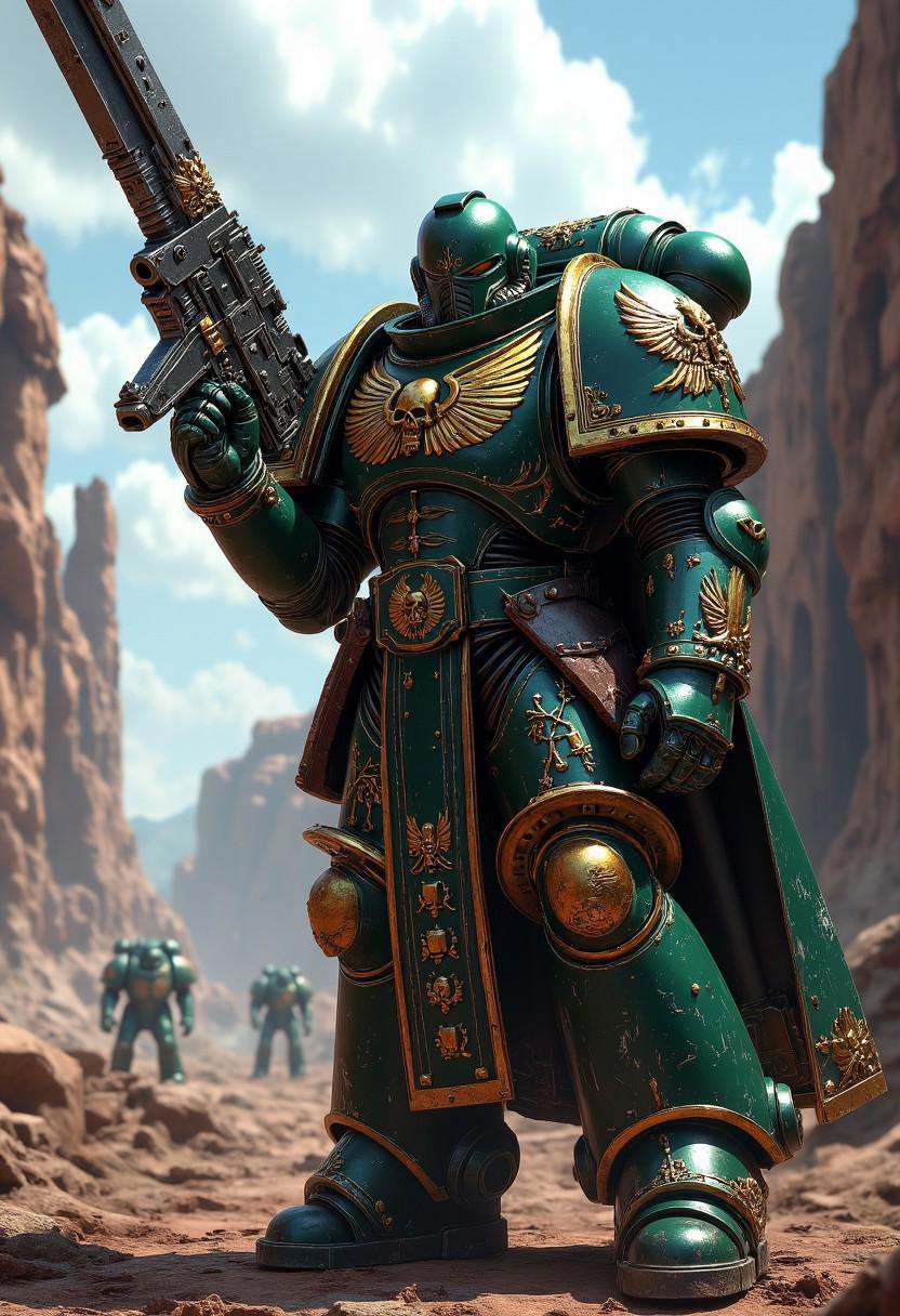 A towering imperial fists Warhammer 40k Space Marine in full ceramite power armor,  standing amidst a war-torn battlefield...