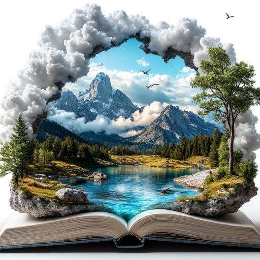 grey stone surface. The book's pages are open,  fantastical scene. The central subject is an open book with a golden,  a l...