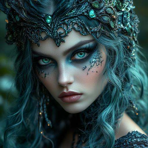 pastelgoth The image is a highly detailed,  wavy hair styled in a voluminous,  interwoven strands. Her eyes are heavily ma...