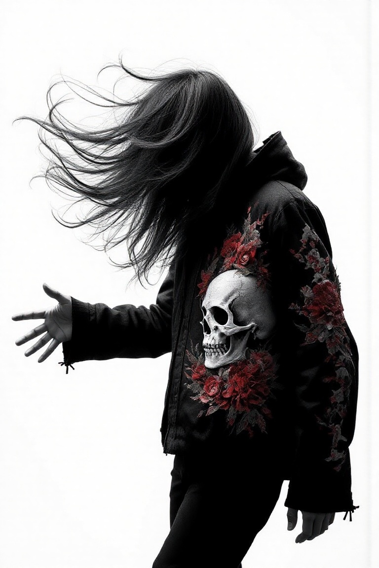 a striking scene of a person with long,  flowing hair,  wearing a black jacket adorned with a skull and Japanese character...