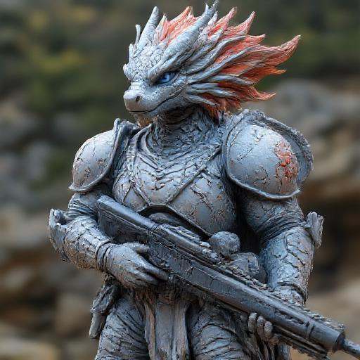 creating a dramatic contrast with her gray armor.,  expressive face featuring piercing blue eyes and a small,  iridescent...