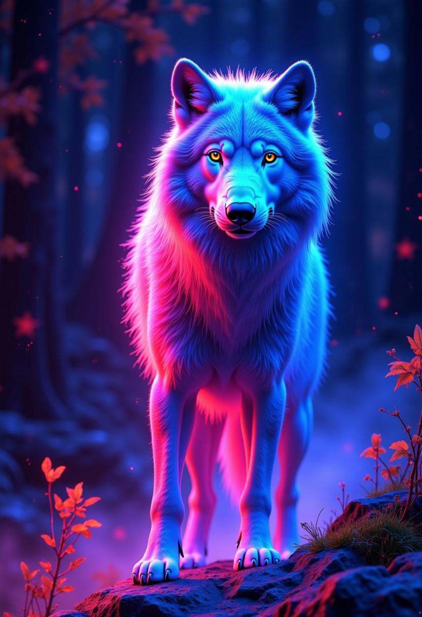 A neon-infused wolf standing on the edge of a glowing cliff,  its fur radiating with vivid shades of electric blue,  neon...