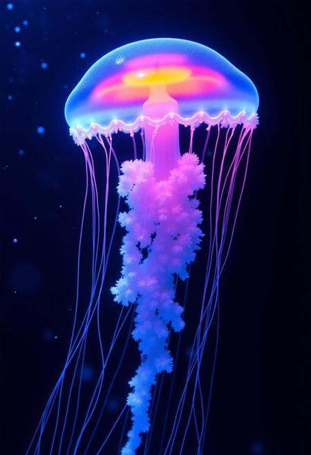 A neon-lit jellyfish floating gracefully through the depths of a dark ocean,  its translucent body glowing with vibrant gr...