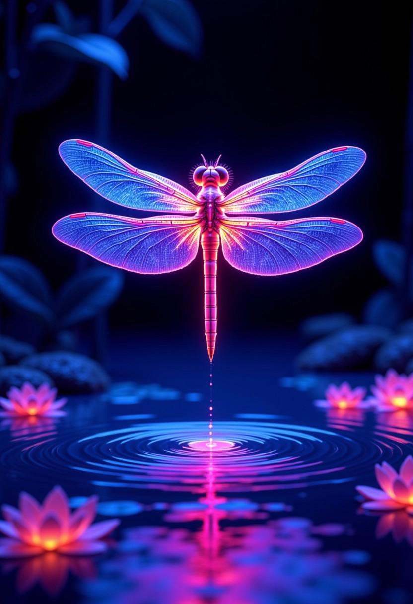 A neon-lit dragonfly hovering over a glowing pond,  its delicate wings shimmering with radiant colors—electric blues,  hot...