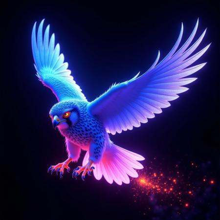 A neon-lit falcon in mid-flight,  its wings spread wide with sharp,  glowing feathers transitioning between electric blue...