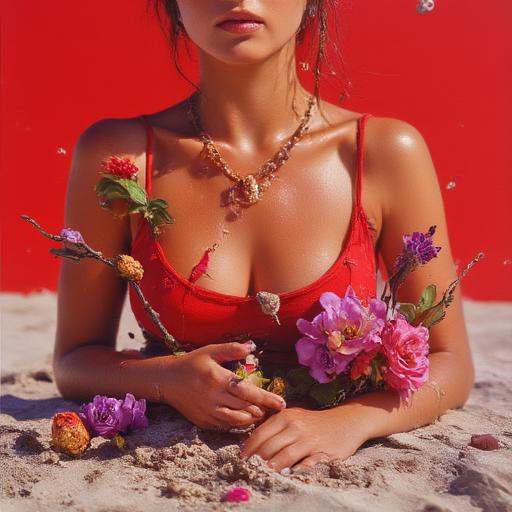 red flower,  breasts,  looking at viewer on Tensor.Art