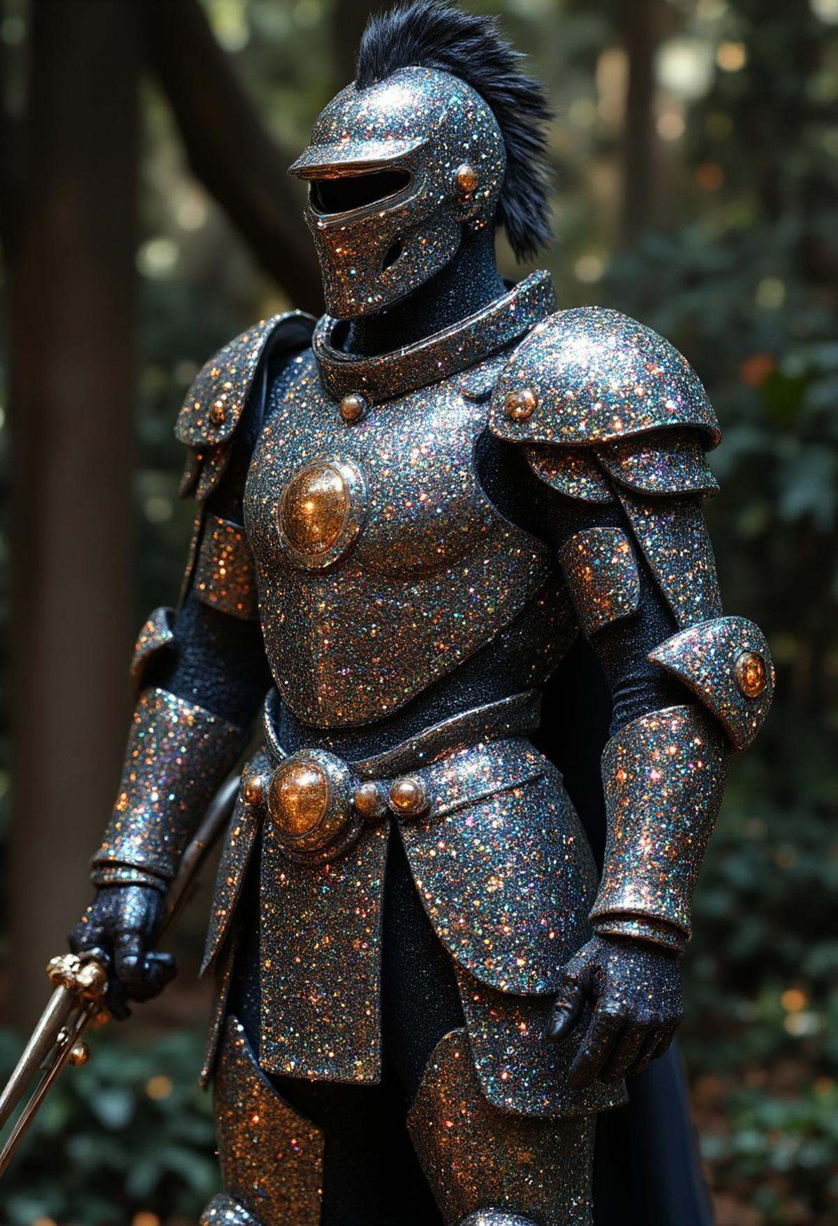 A heroic,  full-body portrait of a knight clad in resplendent armor entirely covered in shimmering "Glitter." Each piece o...