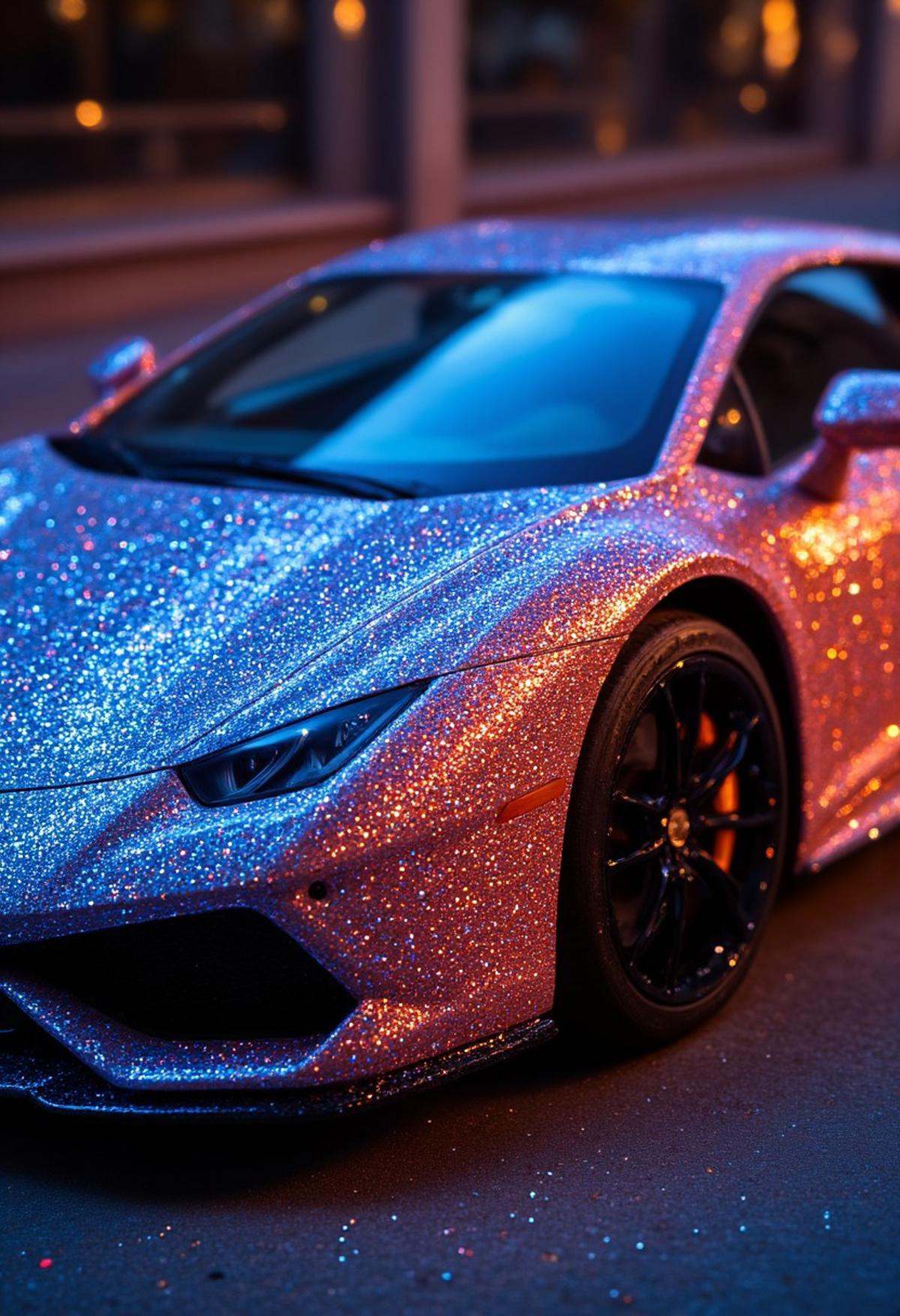 A breathtaking shot of a sleek,  high-performance supercar completely enveloped in a dazzling coat of "Glitter." The car's...