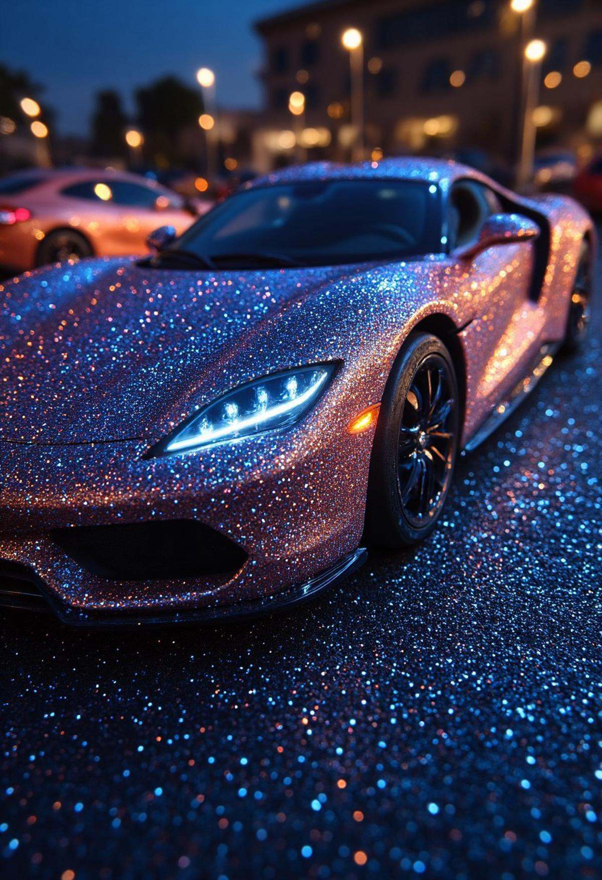 A breathtaking shot of a sleek,  high-performance supercar completely enveloped in a dazzling coat of "Glitter." The car's...